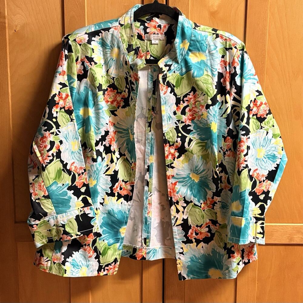 Erin by Erin London Jacket 1X Multi Color Floral 3/4 Sleeve Open Shoulder Pads